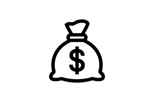Money bag icon with a dollar sign, representing wealth and financial security in a simple black outline design.