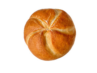Obraz premium Round kaiser bread roll isolated on transparent background in top view. Fresh golden bakery bun cutout for menu, packaging, food catalog and retail design.