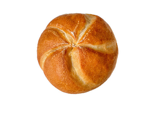 Round kaiser bread roll isolated on transparent background in top view. Fresh golden bakery bun cutout for menu, packaging, food catalog and retail design.