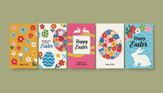 Set of Five Whimsical Easter Greeting Cards Featuring Colorful Floral Designs and Cute Bunny Illustrations for a Joyful Celebration