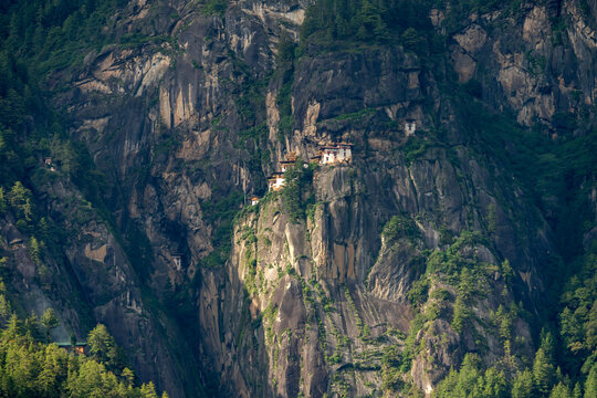 Paro Bhutan, view of tigers nest monastery on sheer cliff face