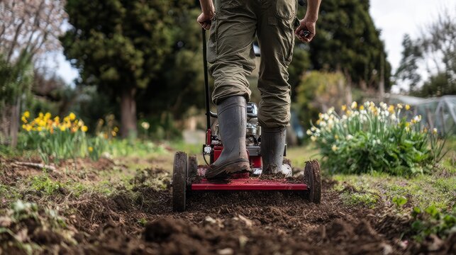 Professional gardener using power tiller in spring garden, man tilling soil for planting, agricultural machinery for backyard landscaping and farming