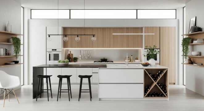 Luxury modern kitchen interior with white cabinets and wood accents featuring large island and professional black bar stools.