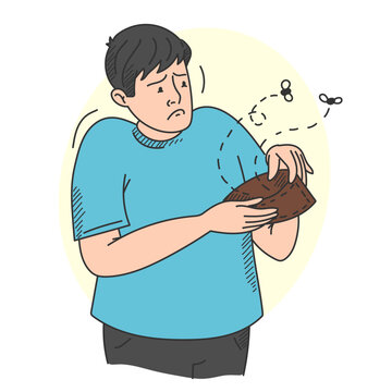 Sad man looking at empty wallet doodle vector isolated. Hand-drawn illustration of a sad male character with financial problems. Idea of poverty, financial crisis and bankruptcy.