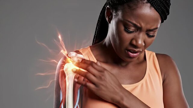 African Woman Experiencing Upper Arm Shoulder Joint Pain with Anatomical Overlay and Glowing Inflammation