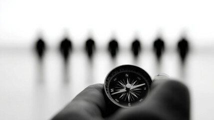 Hand holding compass guiding blurred business people