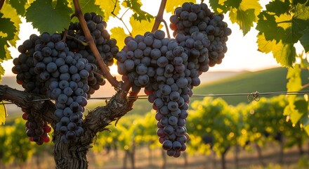 Fototapeta premium Clusters of Dark Purple Grapes Growing on a Sunlit Vine