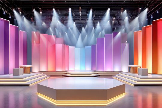 Vibrant neon stage with colorful panels and spotlights for TV show, game show or live event