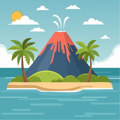 Île Volcanique Tropicale avec Palmiers et Volcan en Arrière-Plan 