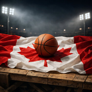 A basketball sitting on a canadian flag draped over a wooden crate in a stadium