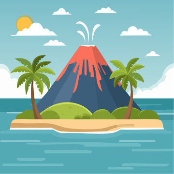 &Icirc;le Volcanique Tropicale avec Palmiers et Volcan en Arri&egrave;re-Plan
