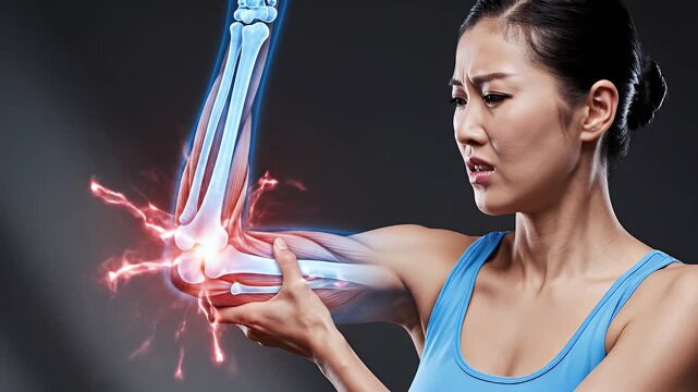 Asian Woman Experiencing Elbow Pain With Bone And Muscle Overlay Showing Inflammation and Discomfort