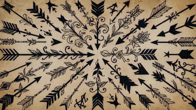 A creative arrow design collection bursts with floral, swirl, and scroll arrow art in a decorative illustration set.