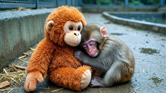 Young monkey hugging a soft plush toy in zoo enclosure