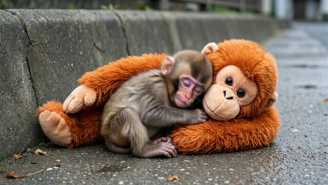 Baby monkey hugging large orange plush toy on wet pavement