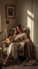 Obraz premium Woman and child reading book in natural sunlight at home