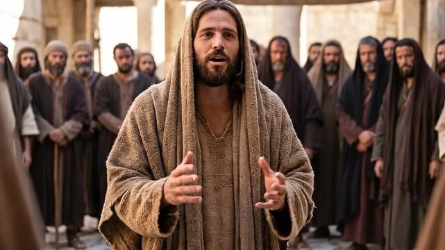 Jesus speaking peacefully to a hostile crowd in first-century Middle Eastern garments