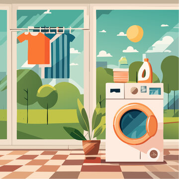 Buanderie G&eacute;om&eacute;trique avec Machine &agrave; Laver et Linge qui S&egrave;che pr&egrave;s de la Fen&ecirc;tre
