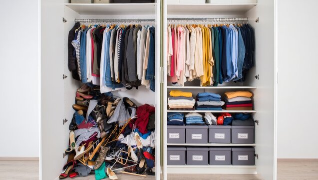 Wide shot side by side comparison of a messy cluttered closet versus a neatly organized white wardrobe with color coordinated clothes and labeled storage boxes
