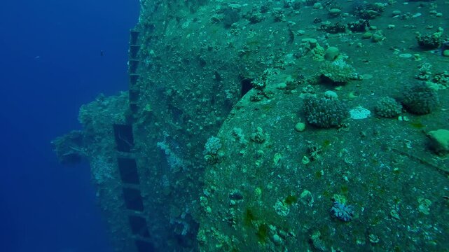 Approaching a coral-covered wheelhouse with windows of Salem Express ferry, Wreckship in Red Sea, Slow motion, Details of sunken ship in the depth sea