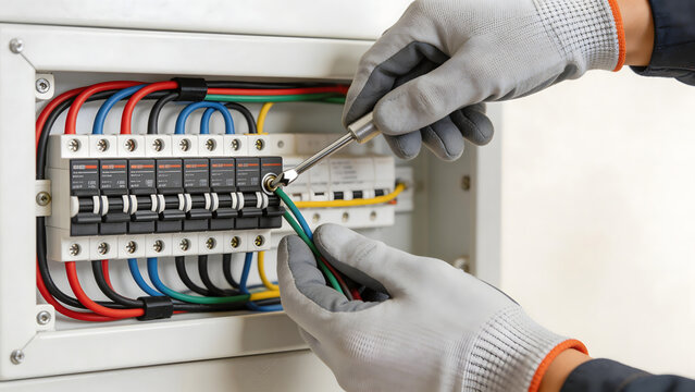 Electrician working on circuit breaker panel