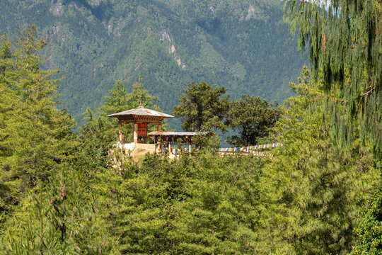 Paro Bhutan, view across treetops to a pagoda with large prayer wheel