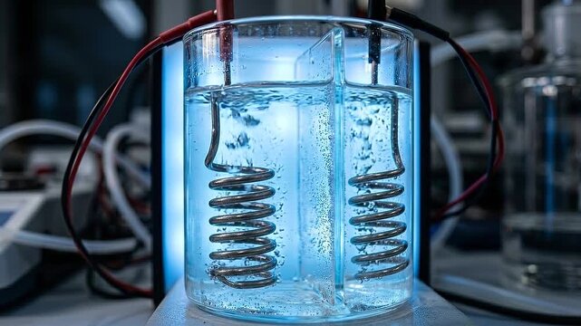 Electrolysis cell water research renewable energy laboratory hydrogen production experiment decarbonization industry bubbling water metal coil