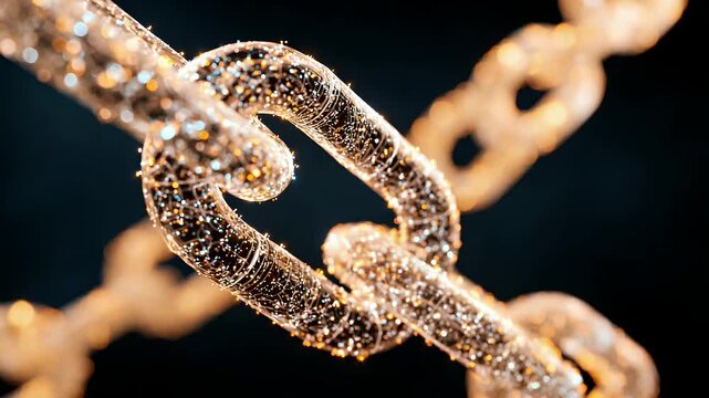 Abstract digital chain links glowing with particles and light transition from blue to gold representing secure blockchain network technology in dynamic cinematic motion graphics background.