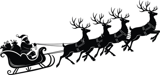 Black silhouette of Santa Claus in a sleigh pulled by four reindeer for Christmas holiday decorations, festive greeting cards, and winter celebration graphics. © MdRasel