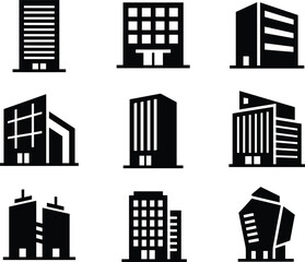 Obraz premium Vector set of black building icons and skyscraper silhouettes featuring modern office towers and corporate real estate designs for business logos and urban graphics.
