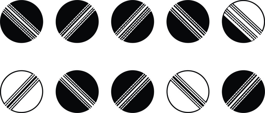 Vector set of black and white cricket ball silhouettes featuring realistic seam stitching details for sports competition logos, league branding, and equipment catalog graphics.