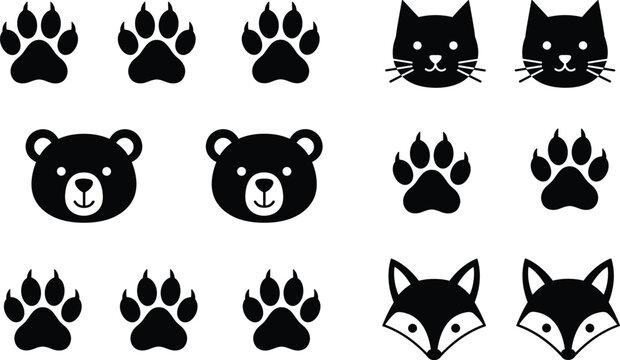 Vector set of black animal icons featuring paw prints, bear faces, cat heads, and fox silhouettes for wildlife conservation logos and pet branding graphics.