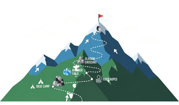A vector graphic illustration of a mountain with a hiking trail and landmarks