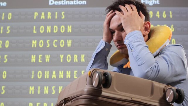 Man holding his head in frustration and leaning on a suitcase, waiting in an airport terminal with a departure board showing cancelled or delayed flights in the background