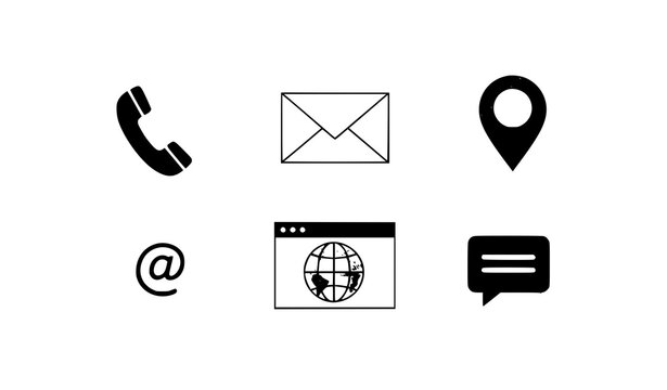 A set of six black and white contact icons on a white background