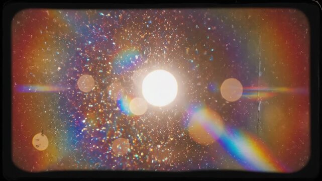 Retro film colorful light leaks drift through a grain noisy distressed overlay on a dark black background, analog projector glow burning through bokeh.