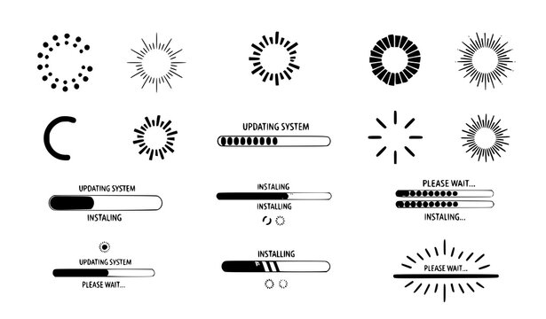 A set of vector graphics illustrating loading and updating system icons