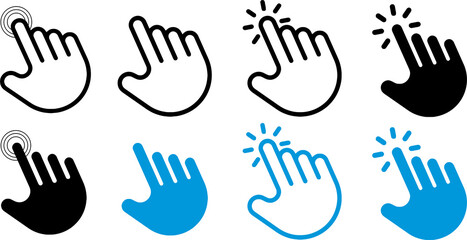 Fototapeta premium Hand cursor icon, Hand click icon set, Hand cursors icons click set vector illustration on transparent background, blue cursor Computer mouse click cursor gray arrow icons set and loading icons.