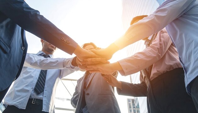 A team of professionals stands together, hands stacked in unity against a bright sun, signifying collaboration and success