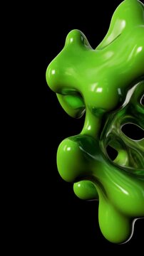 Abstract 3D fluid art with vibrant neon green liquid forms and reflections on dark AMOLED background. Copy Space.