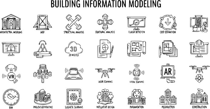 Hand-drawn Building Information Modeling (BIM) Concept Icons Set: Architectural, Structural, MEP, Cost, VR, AR, and Drone Scanning