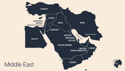 Naklejka na ściany i meble Political middle east asia map, infographic. Detailed middle east arab asia map territory, regional nations. Global asia map middle east borders. Iran, Israel, Saudi Arabia. Vector Illustration