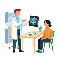 Fototapeta premium A doctor showing an X-ray image to a patient in a consultation room with a table and green chair.