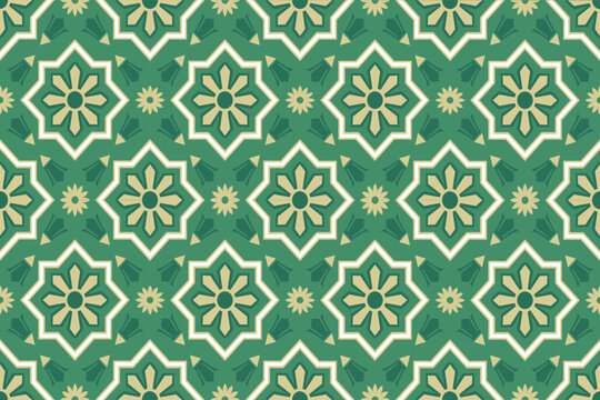 Green geometric floral tile seamless pattern inspired by Mediterranean ceramic design, perfect for wallpaper, fabric, packaging, and modern interior projects. Hand drawn by me not ai