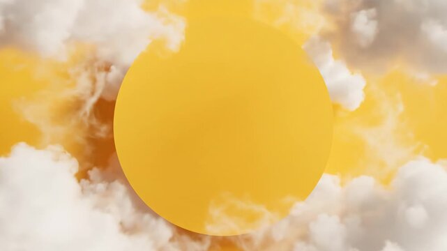 White fluffy clouds fly around an empty round frame in a modern minimal blank banner board design with copy space.