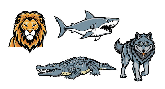 Lion shark wolf and crocodile animals.