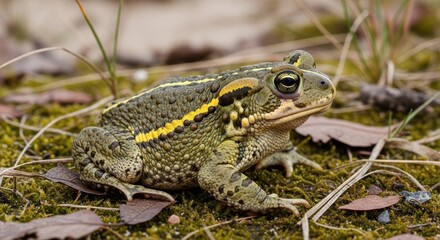 Obraz premium Close-up of a green and yellow toad camouflaged in its natural habitat.
