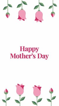 Happy Mother's Day text with pink roses lower border on white background.