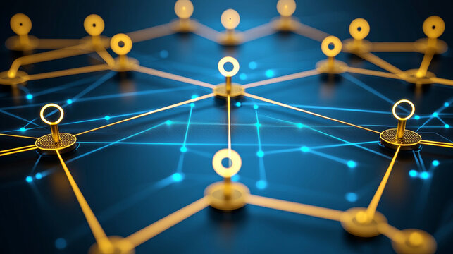 Network connection technology digital circuit abstract blue gold glowing futuristic communication system data internet pattern structure modern design electronic web link background innovation