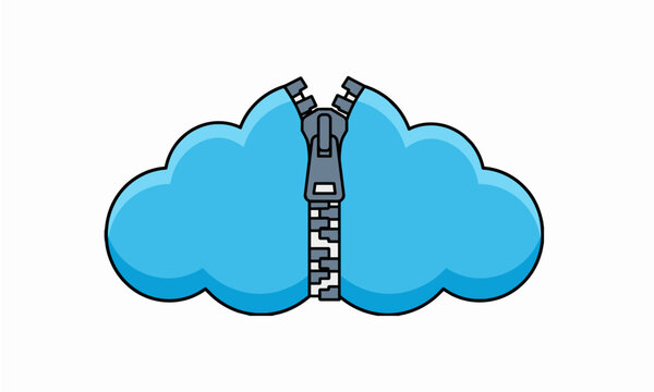 Flat Vector Illustration of a Blue Cloud with a Zipper Opening in the Middle Symbolizing Cloud Data Access and Information Unlocking
